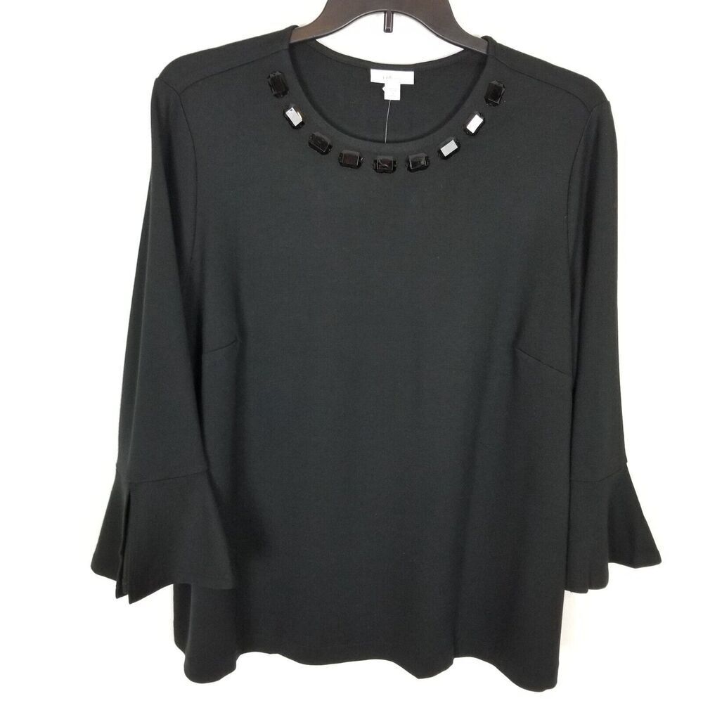 J. Jill Women Plus Ponte Black Embellished 3/4 Split Bell Sleeve Top Sz 2X
